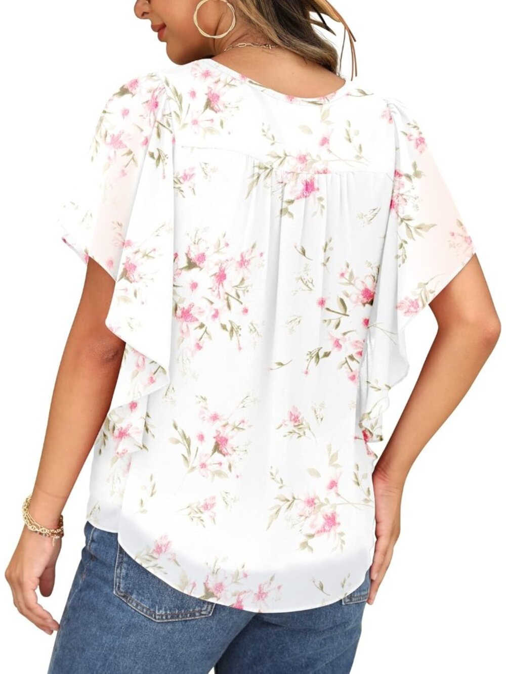 Women's Summer Casual Blouses Peach White Loose Round Neck Chiffon Flowy Tops - Picture 4 of 6